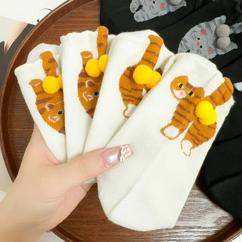 1-4 пары 3D носков с изображением кота, женские милые носки с животными, нескользящие свободные носки средней длины, модные длинные носки, удобные модные аксессуары