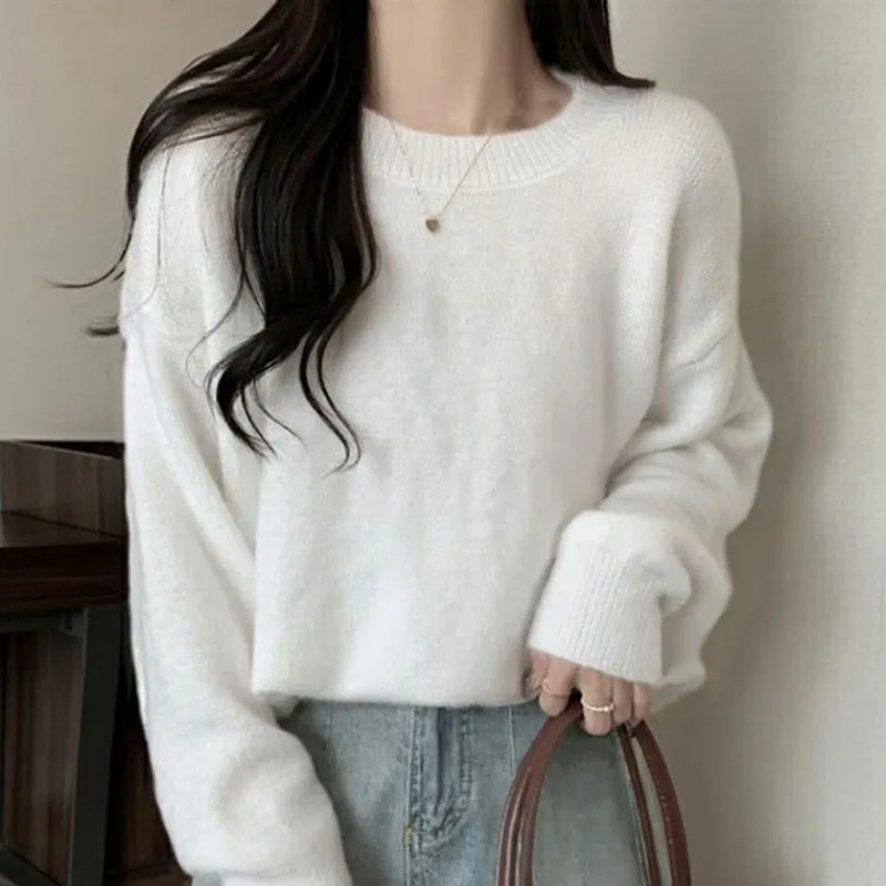 Casual White Knitted Sweaters Women Autumn Basic Long Sleeve O-neck Sweater Woman Chic Striped Solid Color Turtlneck Pullovers