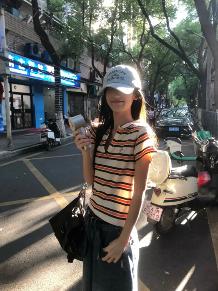 Koreaanse College Sle Ne Stripe ort Sve dames T-shirt slim fit vintage zomertop vocht creatief ontwerp