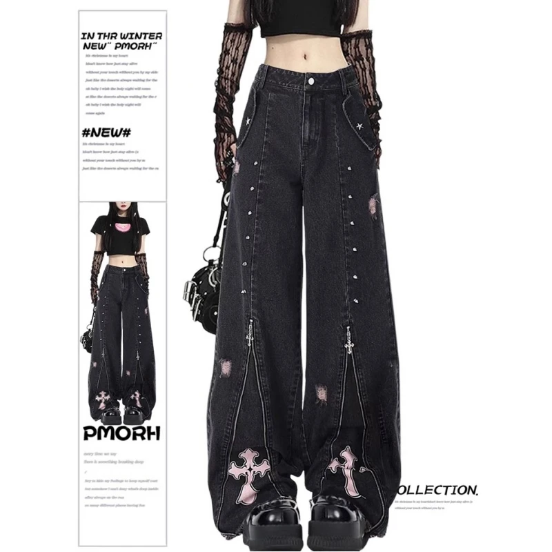 

Black Jeans Women Vintage High Waisted Cargo Straight Summer NEW Casual Big Size Wide Leg Denim Baggy Pants Y2K Flared Trousers