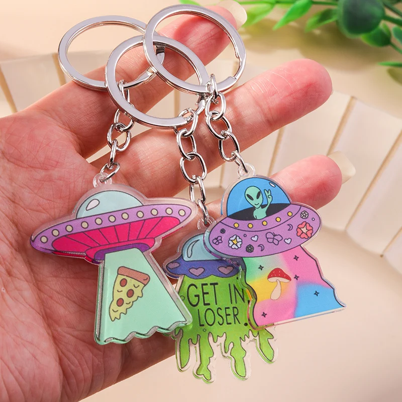 Aihua Creative Acrylic Alien Keychain For Women Men Funny UFO Spaceship Key Ring Chains Bag Pendant Trendy Party Jewelry Gifts