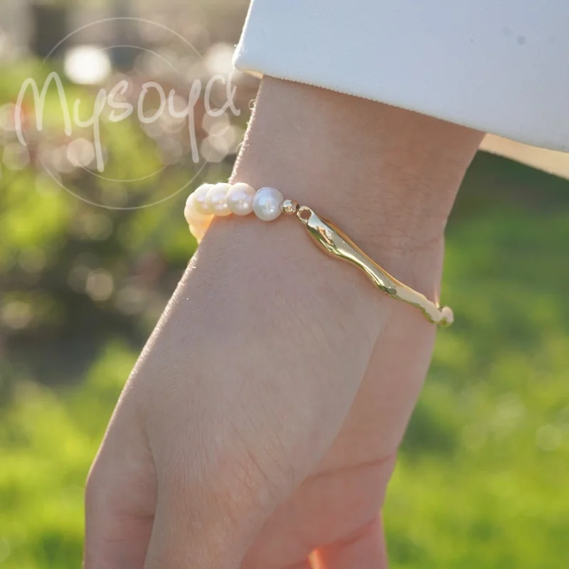 MYSOYA pulsera de perlas de agua dulce blancas naturales de 7-8mm para mujeres y hombres con caja de regalo regalo de joyería de aniversario de boda de cumpleaños