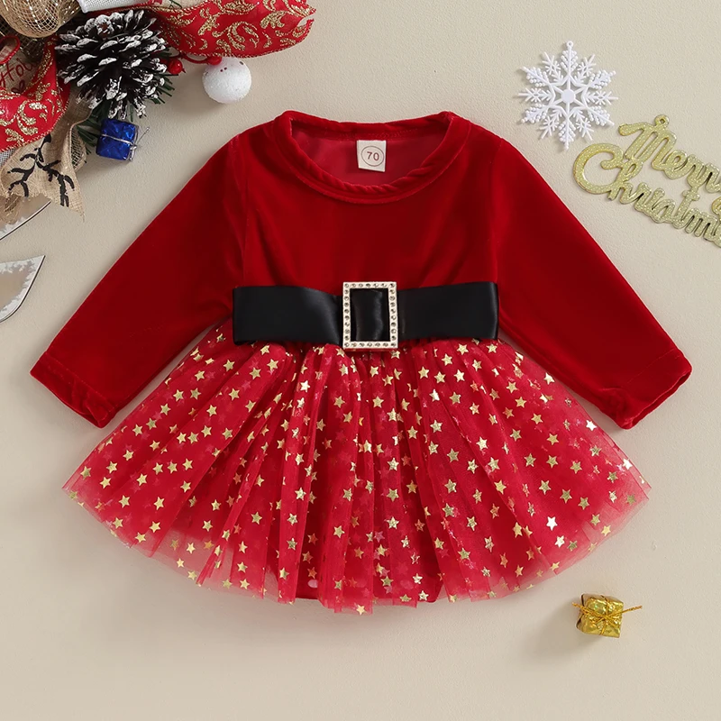 

Baby Girls Rompers Dress Christmas Clothes Square Buckle Belt Sequins Stars Layered Tulle Skirt Hem Long Sleeve Xmas Dresses