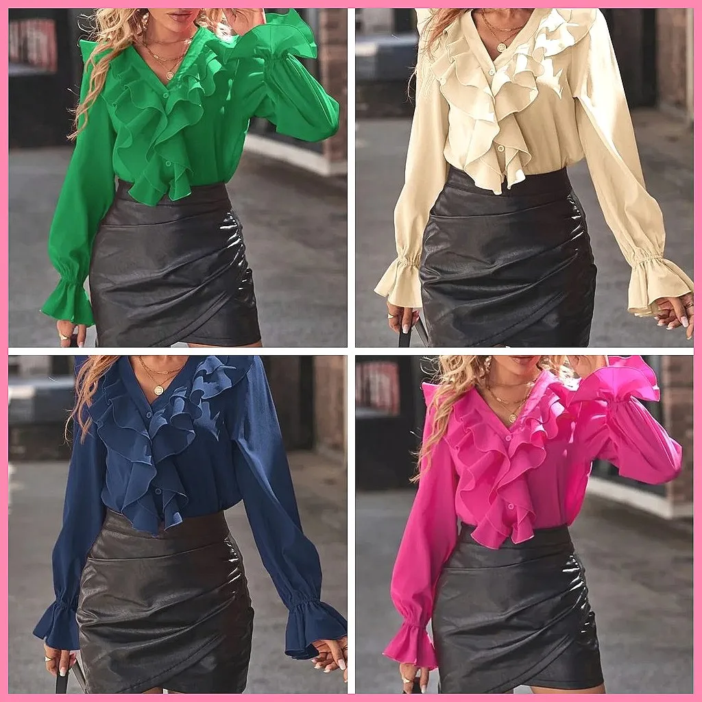 2025 Fashion V-Neck Ruffle Flare Sleeve Elegant Blouse for Women - Autumn Solid Color Tops (Characters: 78)