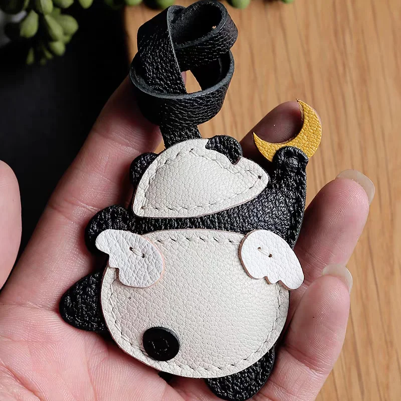 Panda Grasping The Moon Genuine Leather Handmade Bag Charm Pendant Keychain Handbag Hanging Decor,Girl Friend Valentine Day Gift