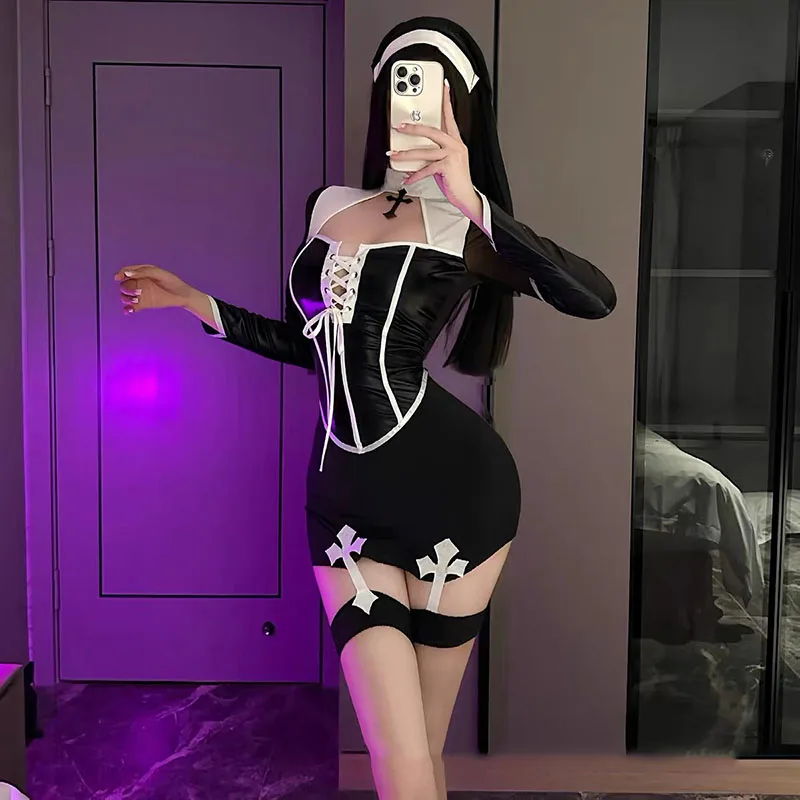 Halloween Women Anime Nun Themed Costume Set Black Long Sleeve Cross Mini Dress With Headscarf Outfit Cosplay Party Dress Up view 5