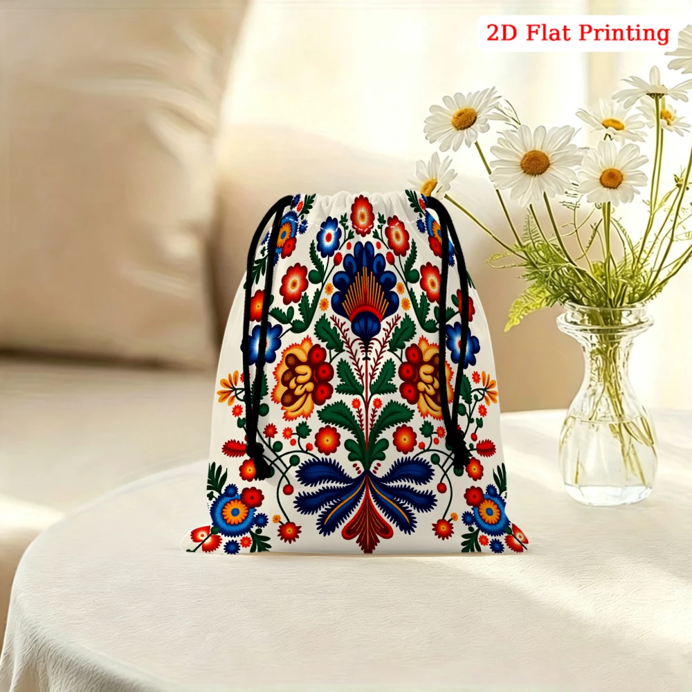 1pc Folk Style Drawstring Bag White Floral Print Storage Small Pouch For Glasses Cosmetics Travel Organizer Portable Gift
