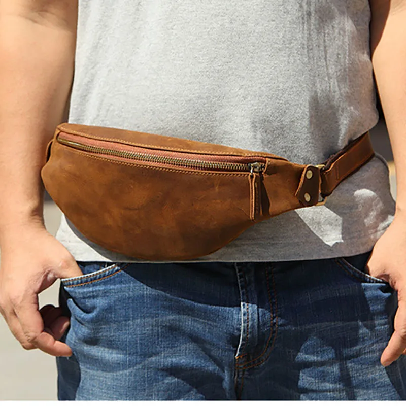 Genuine Crazy Horse Leather Waist Packs For Men mini Travel Fanny Pack Belt bag Male Small Waist Bag Phone Pouch Men Summer bag