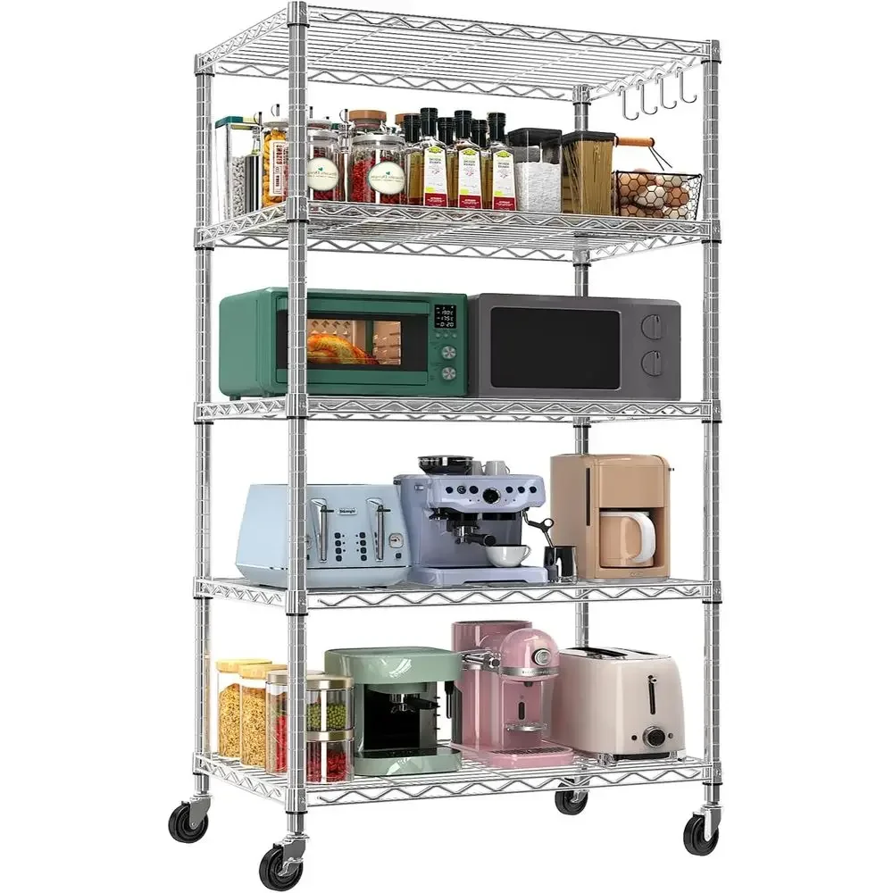 

24 Wide 5-Tier Adjustable Chrome Wire Shelving with Wheels,1250 lbs, Ideal for Pantry, Kitchen, Closet, and Commercial Use