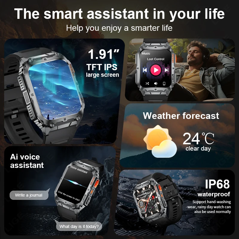 Reloj inteligente LIGE para exteriores para hombre, linterna con batería grande de 410mAh, Monitor de salud IP68, reloj resistente al agua, reloj inteligente deportivo con llamadas inalámbricas