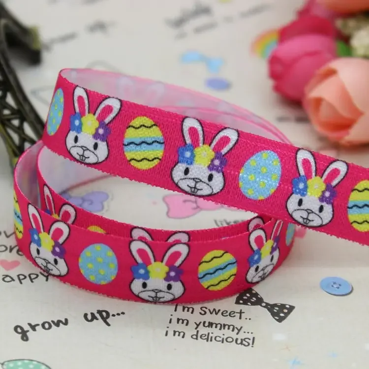 DHK 5/8 inch 5yards Fold Over Elastic FOE Easter Bunny printed ribbon headband  hair band  diy decoration OEM Wholesale C272