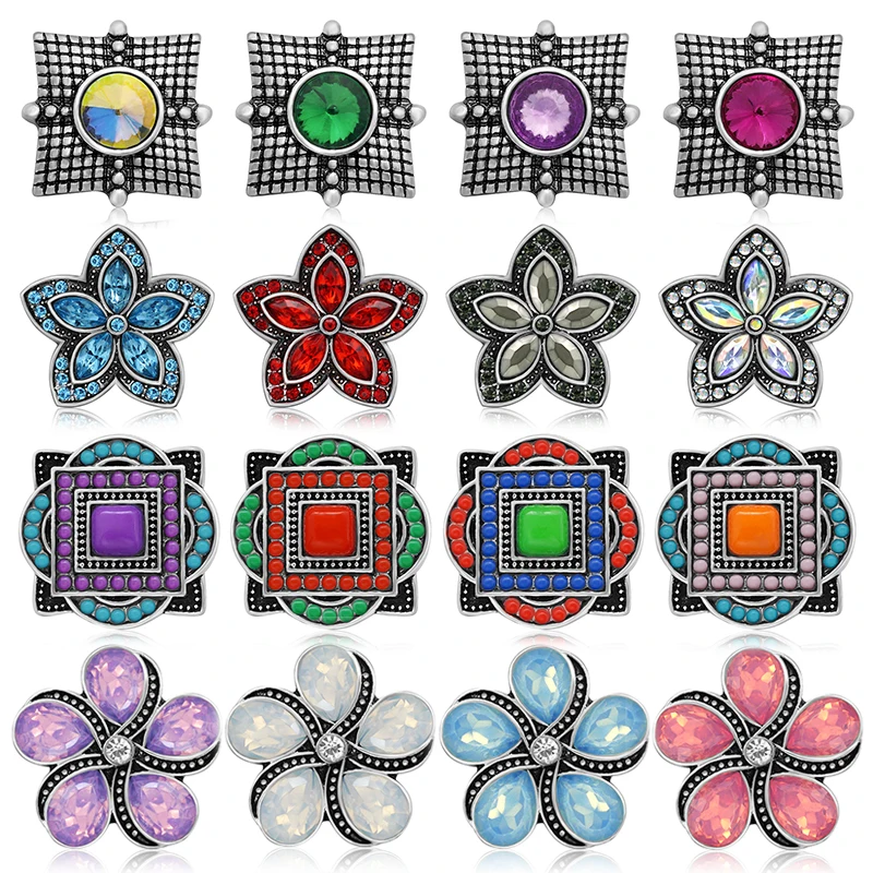 Colorful Rhinestone Beauty Square Round Flowers Round Metal 18mm snap buttons for DIY 18mm snap jewelry Accessories Women Gift