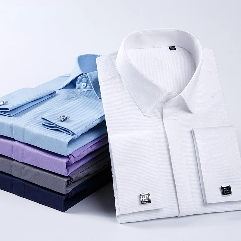 2026 Spring New Men's French Cufflinks Shirt Business Dress Sleeve Pin Solid Color Non-iron Shirt Slim Fit Korean Version