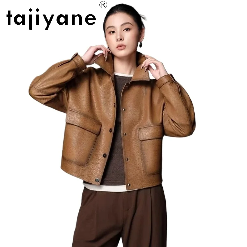 

TAJIYANE, женская короткая куртка из натуральной овчины, повседневное кожаное пальто с узором личи, куртки из натуральной кожи, осень 2021, женская одежда 코트