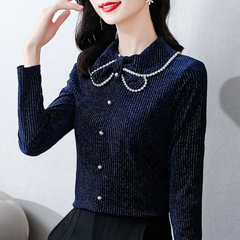 Autumn and Winter Women's Pullover Bow Slim Lapel Long Sleeve Button Striped Stripe Solid Elegant Fashion Casual Commuter Tops