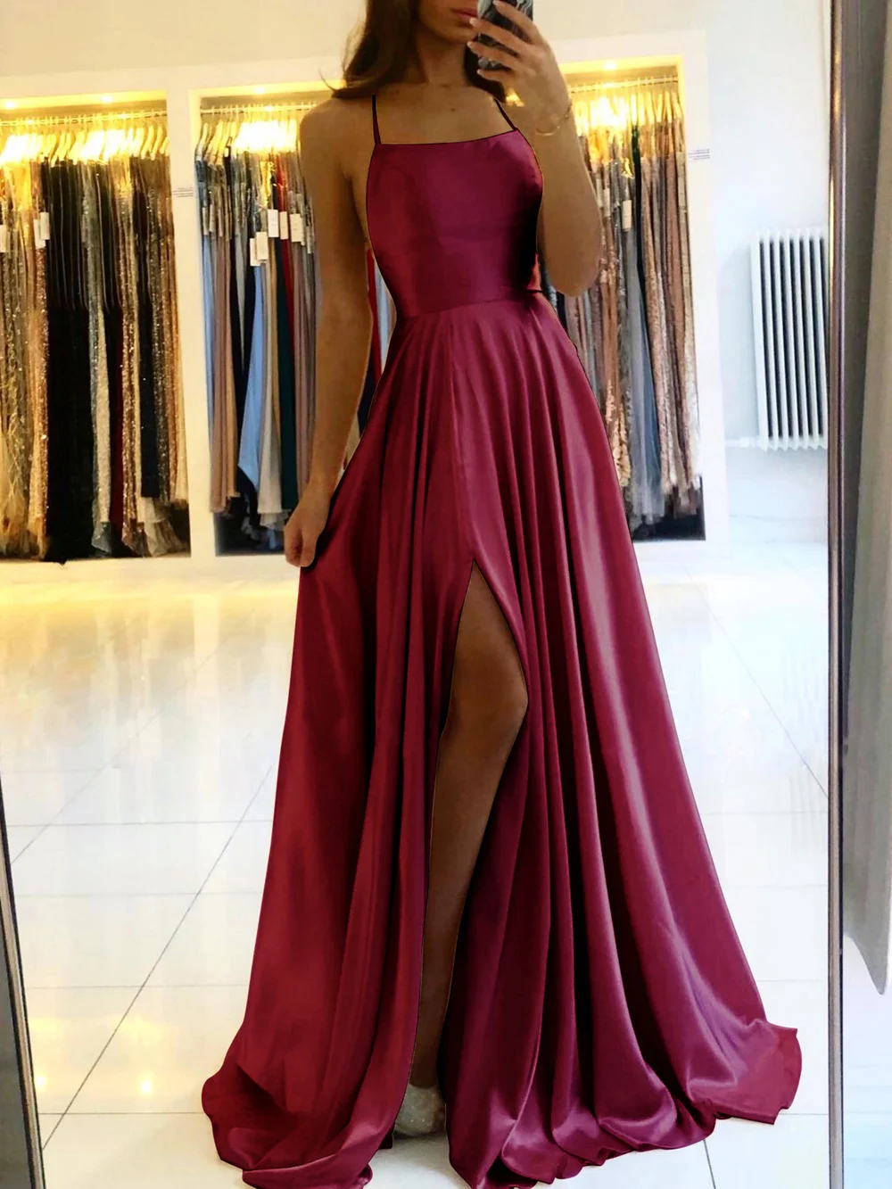 a-line Long Satin V-neck Slit Evening Dresses For Women Simple Spaghetti Straps Sexy Evening Wedding Prom Party Gowns Vestidos