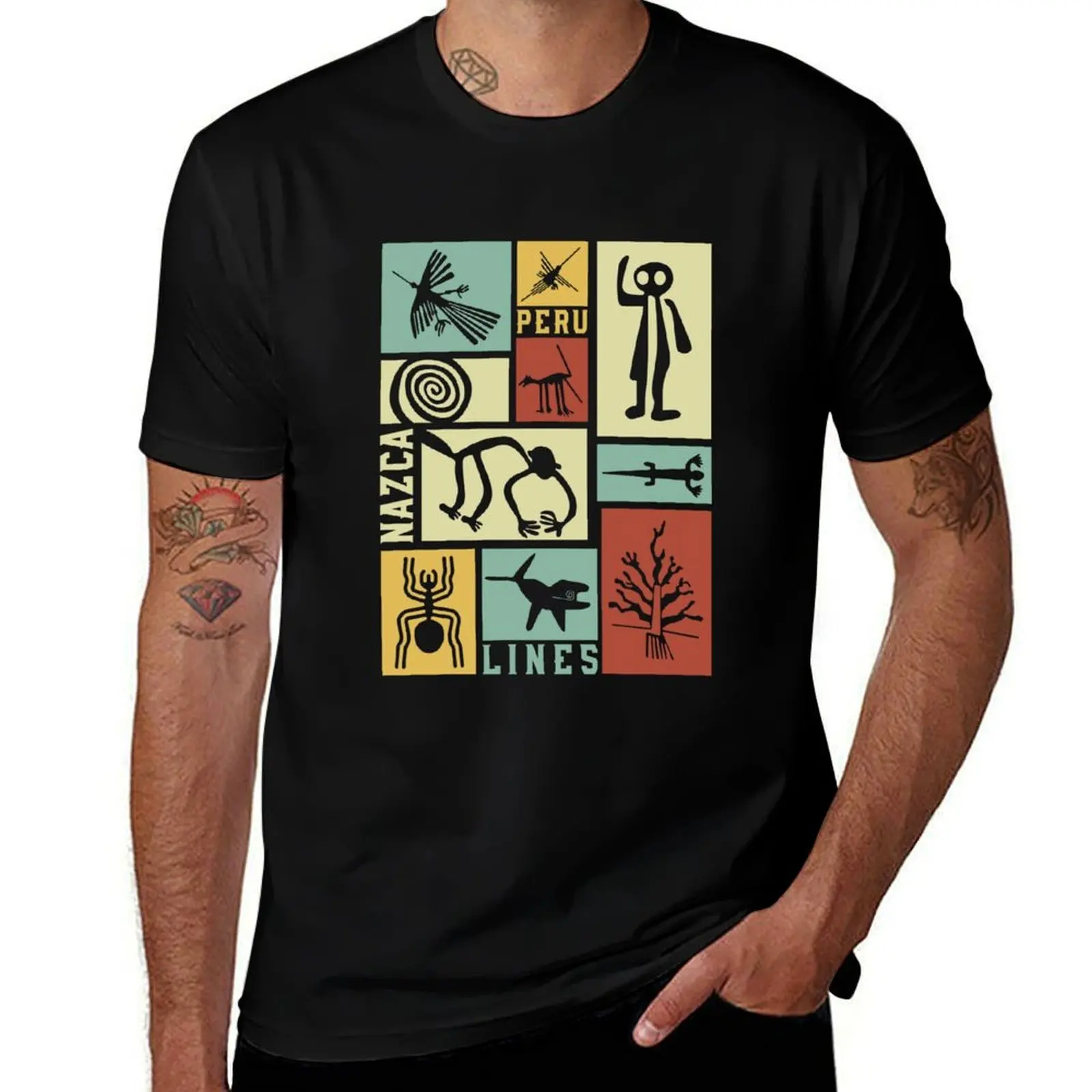 

Nazca Lines - Peruvian Geoglyphs - Retro Box Art - Condor, Monkey Spiral, Humanoid, Spider, Whale, T-Shirt