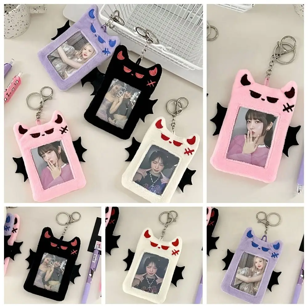 Bat Demon Cartoon Plush Photocard Holder Transparent Korean Style Cartoon Card Cover Protective Case with Keychain Pendant