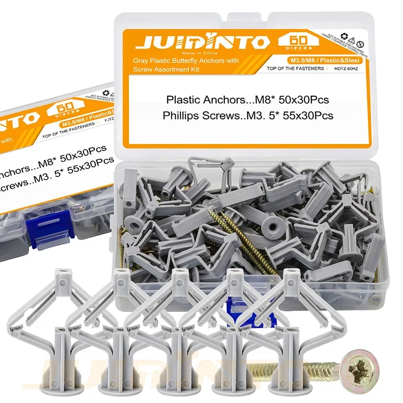 JUIDINTO Ancoraggio e vite per cartongesso M8X50mm M8X38mm Ancoraggio a parete cava in plastica per cartongesso Kit per appendere a parete in cartongesso 60 pezzi