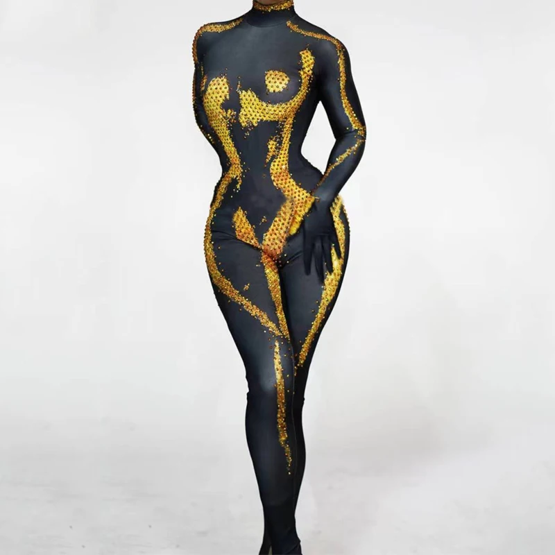 Bar club nocturno Ds Dj escenario Gogo traje Retro de manga larga mono con diamantes de imitación mujeres rendimiento disfraz de Reina Drago XS7649
