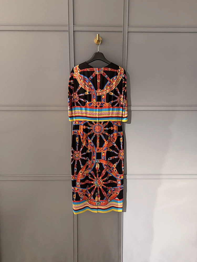 Spring Summer Winter Fashion Vintage Wheel Pattern Print Midi Pencil Dress Women's O-Neck Long Sleeve High Waist Long Dresses
