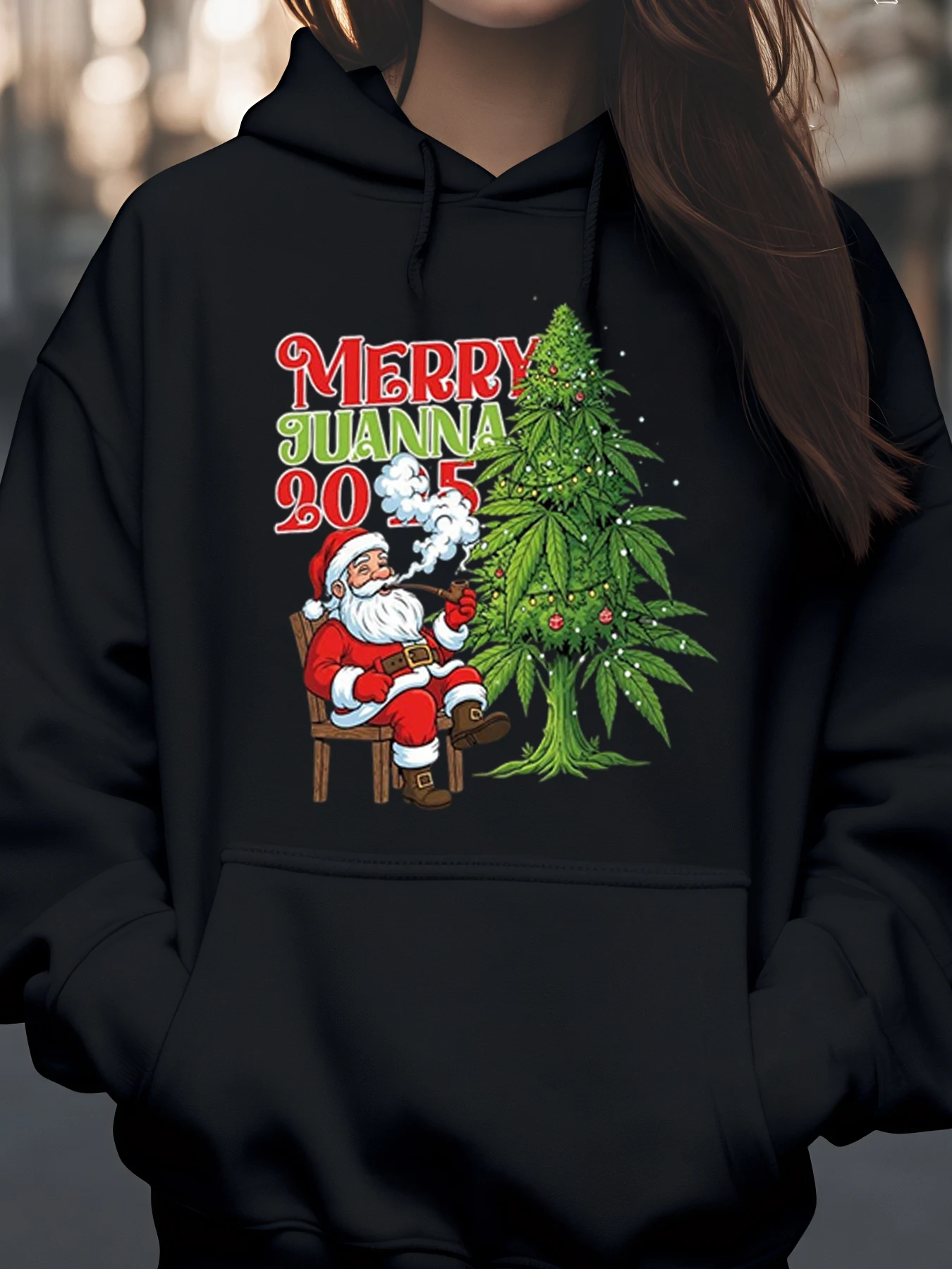 เสื้อฮู้ดลายต้นคริสต์มาสสูบกัญชาของซานต้า เมอร์รี่ จูอานา 2025 สำหรับงานปาร์ตี้วันหยุด สวมใส่สบายๆ ได้ทั้งชายและหญิง