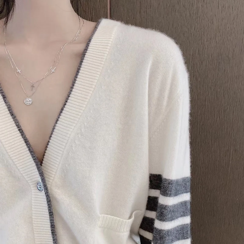 Camisola de caxemira com decote v feminina, cardigã casual, manga comprida, estilo TB, nova venda quente, outono e inverno