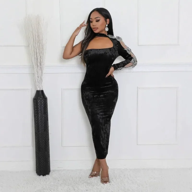 KEXU Sexy One Shoulder Velvet Maxi Dress Women Evening Night Club Party Halter Long Sleeve Bow Tie Prom Elegant Long Dresses