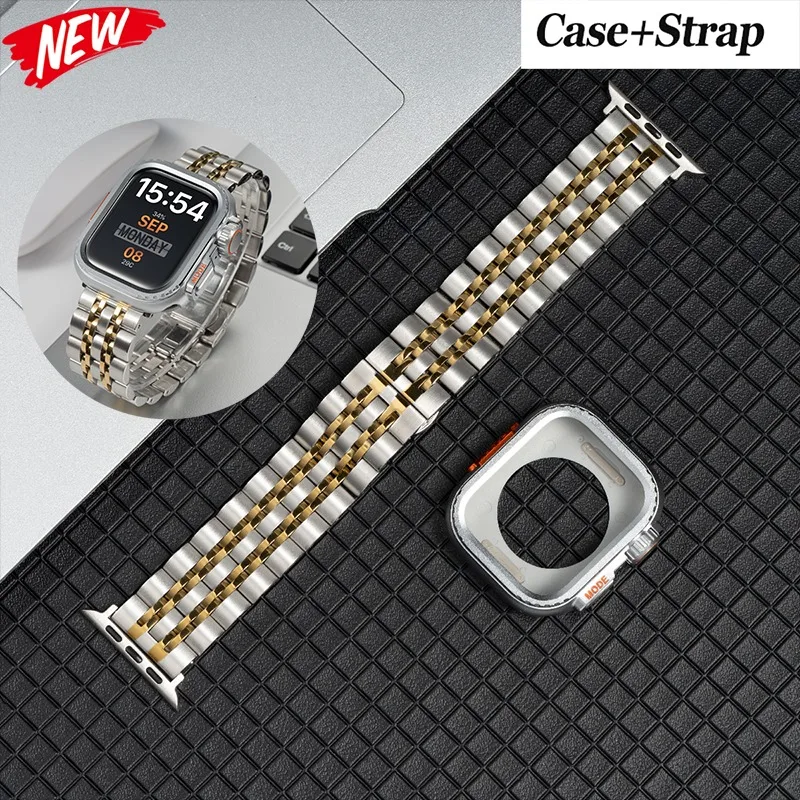 

Стальной ремешок + металлический чехол для Apple Watch Band Ultra 3 49 мм S11 10 42/46 мм, защитный чехол с жесткой рамкой для Iwatch10 9 8 7 6 SE 44/45 мм