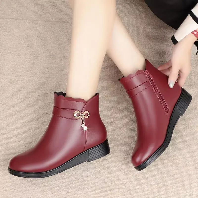 2023 Winter Leather Waterproof Women Casual Boots Women Thick Plush Warm Ankle Boots Female Comfort Cotton Boots