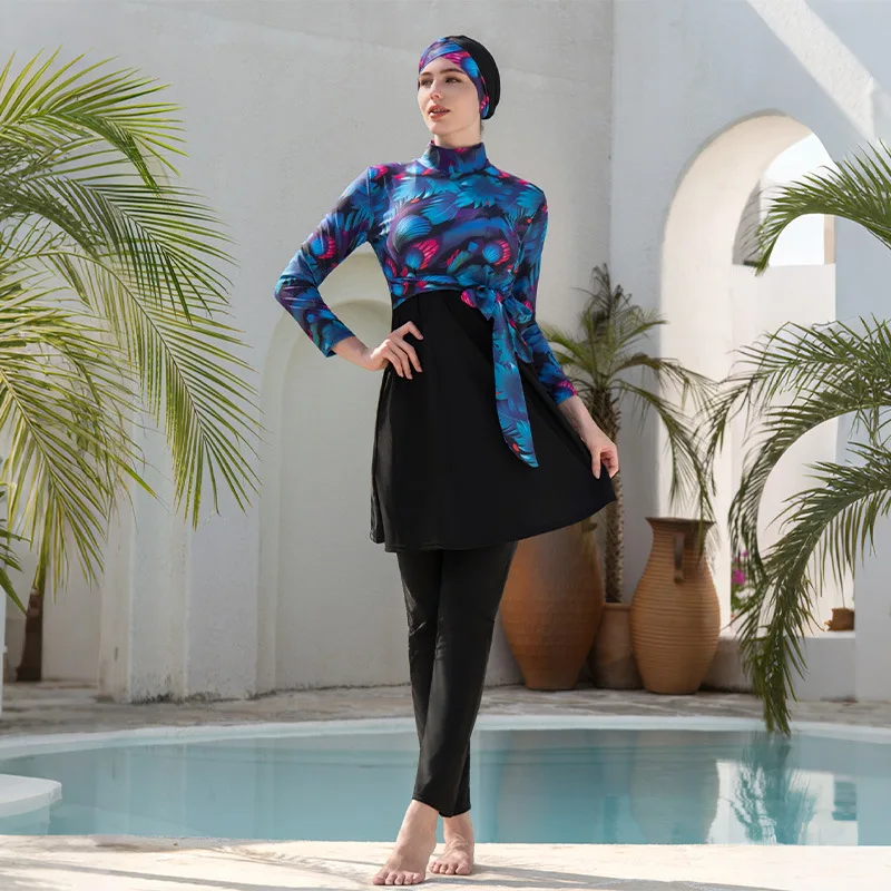 Women 3‑Piece Burkini Modest Swimsuit Leaf Print Long‑Sleeve Tunic Top Full‑Length Pants Matching Hijab Islamic Beach Swimwear