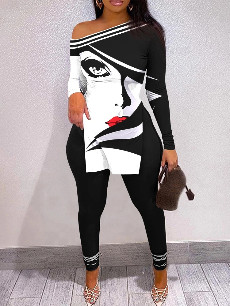 Skew Collar Pullover Top Slim Fit Pants Suit Elegant Women Printed Long Sleeve Pant Suit Female Streetwear Vintage Two Piece Set