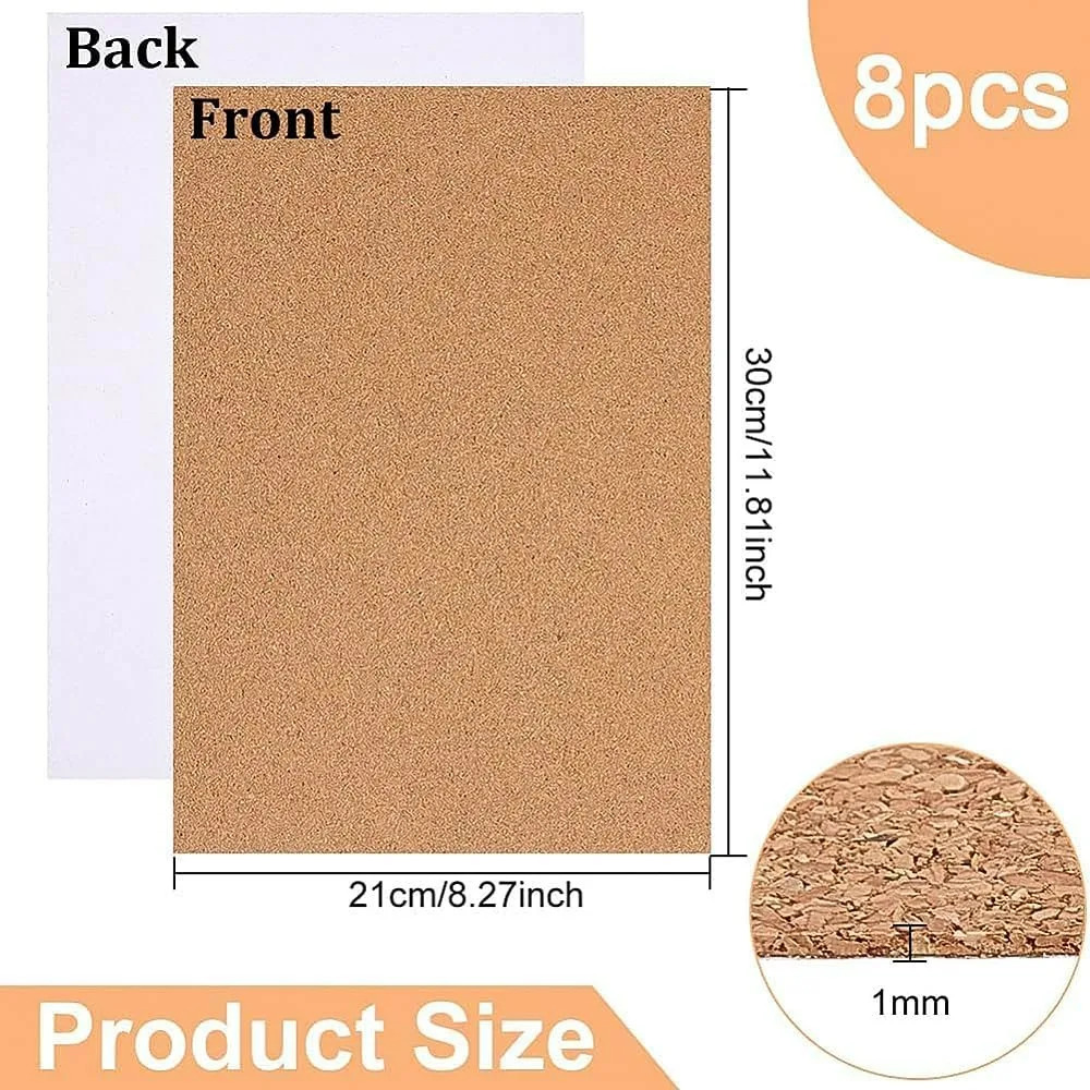 8 Pack Self-Adhesive Cork Sheets 1mm Thick A4 Rectangle Insulation Cork Backing Sheets for Coaster Wall Decoration Wedding Party