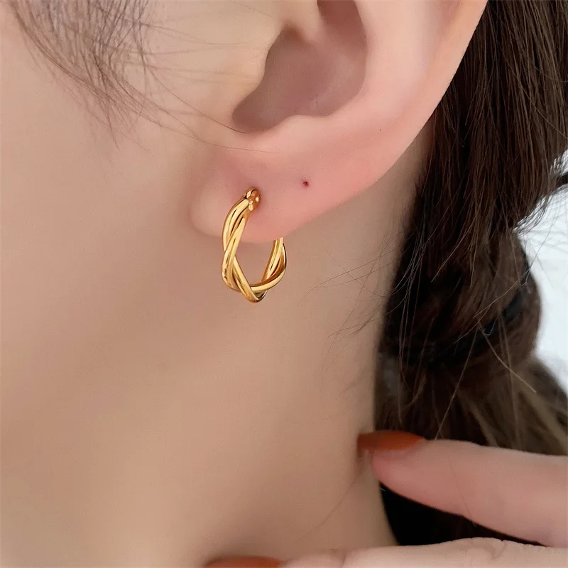 2023 Gold Silver Color Stainless Steel Hoop Earrings for Women Simple Round Circle Twisted Braid Ear Rings Steampunk Accessories