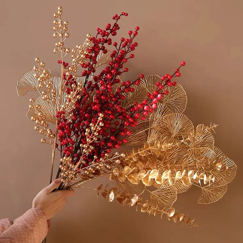 1Bunch Gold Artificial Flower Peacock Feather Maple Leaf Eucalyptus Leaves Bouquet Fake Plant Home Wedding Christmas Decoration