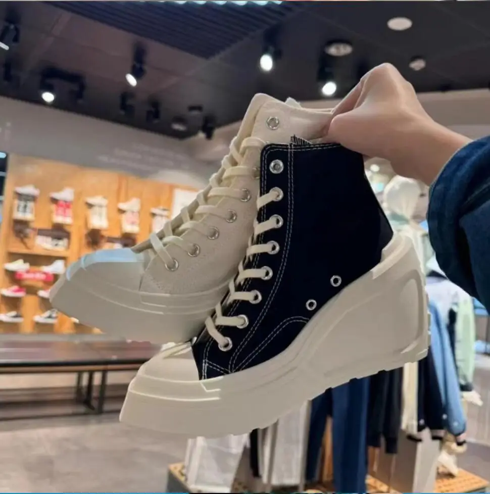 Women High Platform 6CM Sneakers Canvas Shoes High-heeled Wedges Shoes Fashion Outdoor Skateboard Lace Casual Sneakers Size36-42