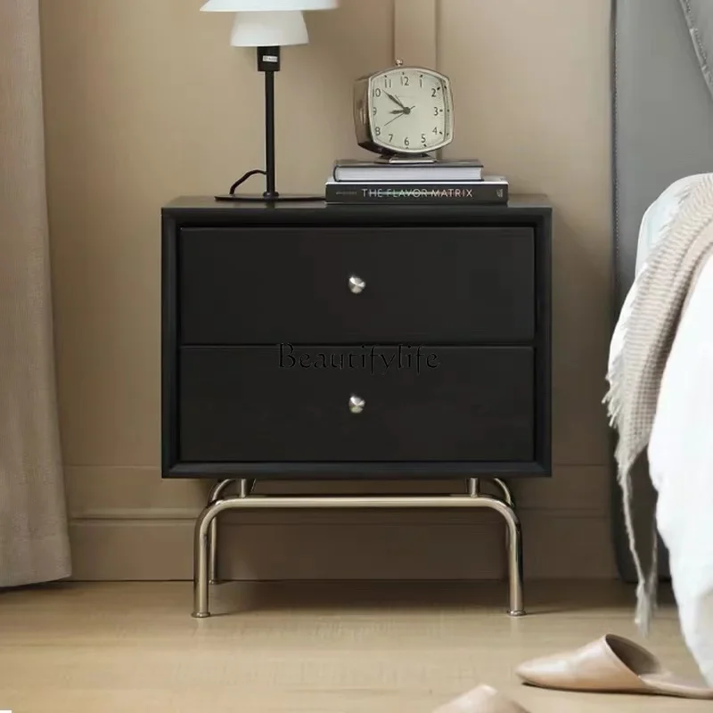 

*Nordic modern solid wood bedside table medieval simple small black storage cabinet