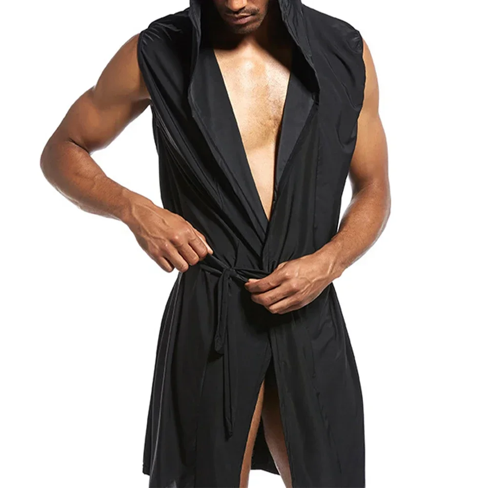 Men's Home Bathrobe Sleeveless Silky Smooth Soft Hooded Sleeping Robe Pajama Comfortable Ultra-thin Lingerie Loose Bathing Suits