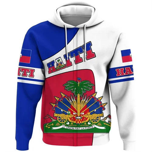 Imagen 2 del producto Sudaderas con capucha con estampado de bandera nacional Tribal de Haiti para hombre, sudaderas con cremallera con estampado de abrigo de armas de Haiti, ropa con cremallera, Otoño, Vintage, 3D