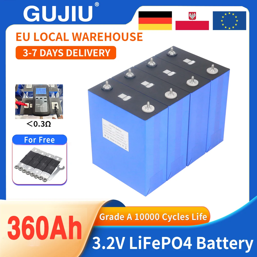 Batterie LiFePO4 3,2V 360Ah Rechargeable Cellule Lithium Fer Phosphate Grade A 10000 Cycles DIY 12V 24V 48V Solaire Véhicules Utilitaires Golf Stock UE