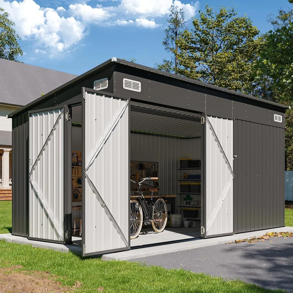 

8'x12' Shed Galvanized Steel Storage Sheds with Triple Doors Utility Sheds for Vertical Storage, Dual Lock Lean to Shed