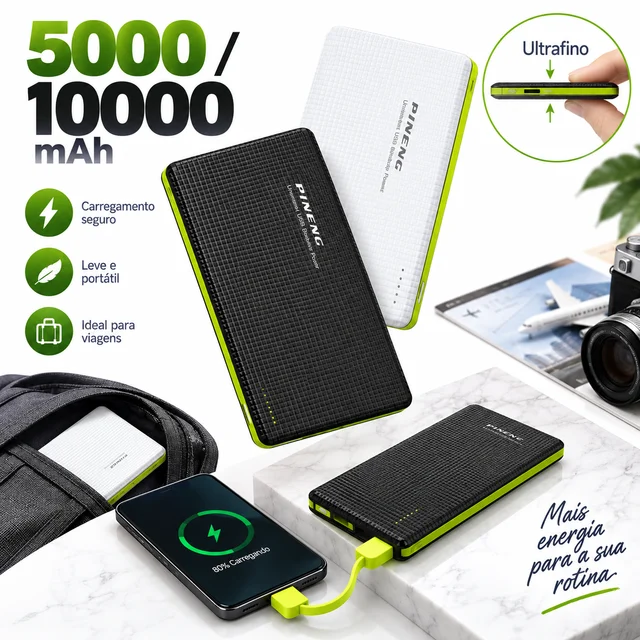 Power Bank 5000mAh E 10000mAh Com Adaptador E Carregador Portátil V8 Para Uso Diário E Viagem