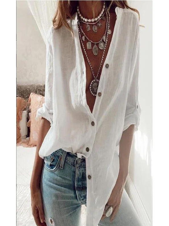 Solto longo sve v-ne algodão feminino irt rua sle primavera outono nova chegada cor pura sve roll-up design