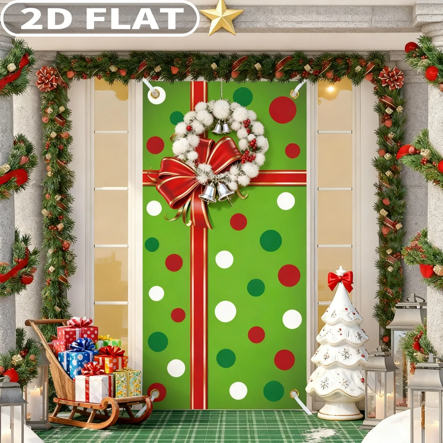 

1pc Green Christmas Box Printing Door Cover, Xmas Gift Box Door Hanging Banner Merry Christmas Front Doors Cover Backdrop Decor