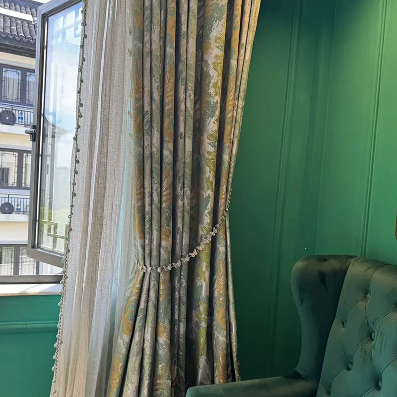 New Green Vine Plant Jacquard Thickened Blackout Curtains for Living Room Bedroom French Window Balcony Customized Villa