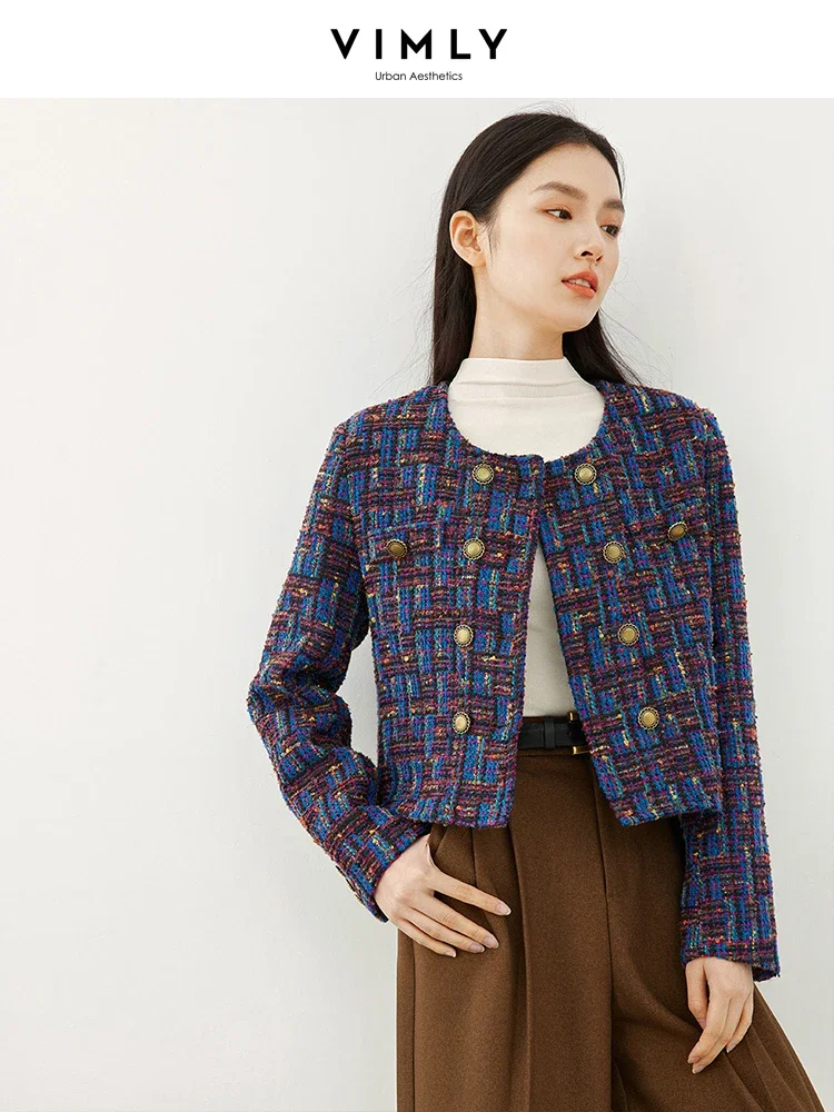 VIMLY Cropped Tweed Jacket for Women 2024 Spring Elegant Contrast Plaid Double Breasted Short Woolen Coat Female Outerwear 16106