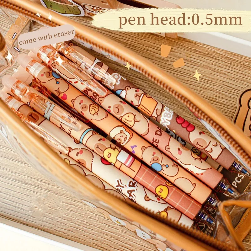 6pcs/set Kawaii Cute Erasable Pens Blue Ink Come With Eraser 0.5MM Pupil Student Gel Ink Pen
