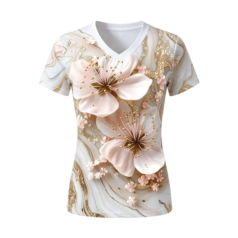 Elegant Pink Cherry Blossom Print V‑Neck T‑Shirt Women's Marble Gold Ink Swirl Top Ladies Summer Casual Graphic Short-sleeved