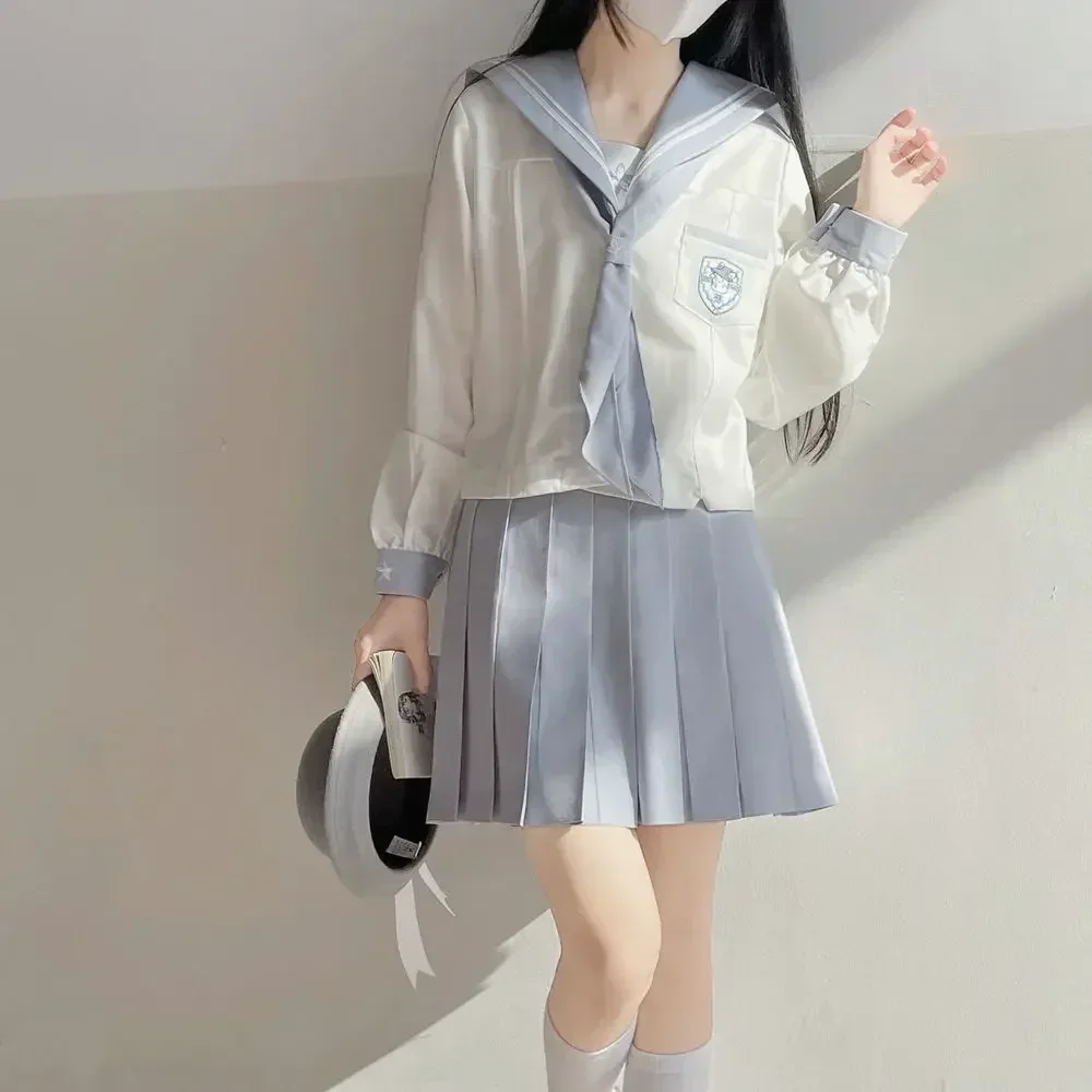 Autumn Japanese Korean School Uniform Girl Loose White Top Blue Blue Pleated Skirt 2pcs Jk Sailor Suit Японская Школьная Форма