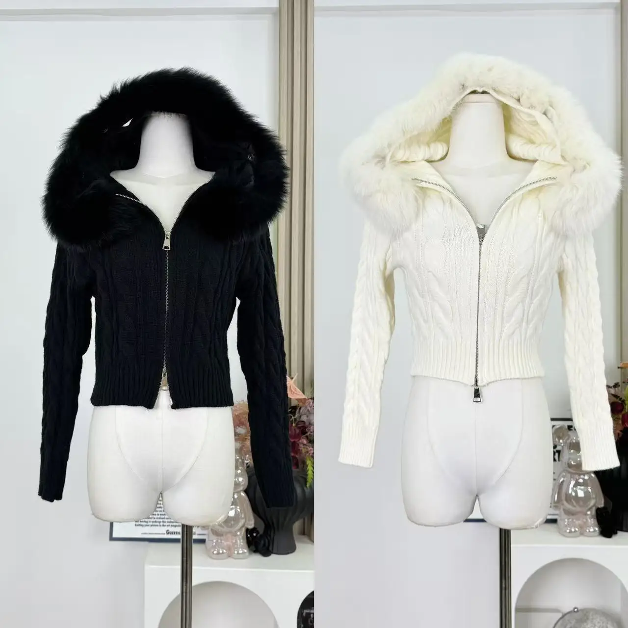 

Укороченный вязаный кардиган для женщин, новинка 202, осень-зима, однотонный свитер с капюшоном из натурального лисьего меха, короткий тонкий трикотаж, женский F285